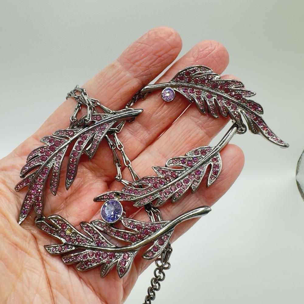 Givenchy Necklace Purple Rhinestone Leaf Bib Gunmetal Tone Statement 15" - 17" - Picture 3 of 16